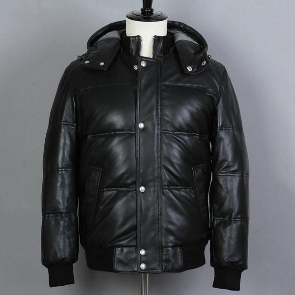 men's leather & faux genuine down jacket sheepskin thick short hooded winter coat casual real men, Black
men's leather & faux genuine down jacket sheepskin thick short hooded winter coat casual real men, Black