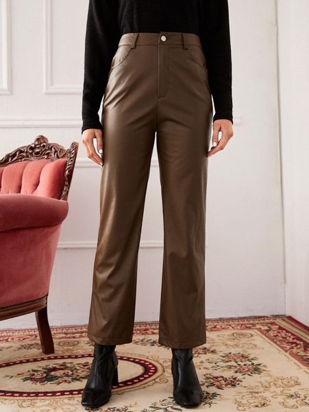 high waist straight leg pu leather pants h03o#, Black;white 
high waist straight leg pu leather pants h03o#, Black;white
