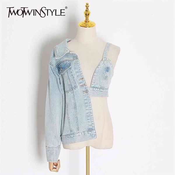 twotyle patchwork asymmetrical denim coat women long sleeve off shoulder v neck female fashion autumn 210922, Black;brown
twotyle patchwork asymmetrical denim coat women long sleeve off shoulder v neck female fashion autumn 210922, Black;brown