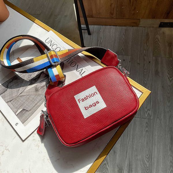 leather bag women's 2021 simple fashion wide shoulder belt single menger letter camera small square