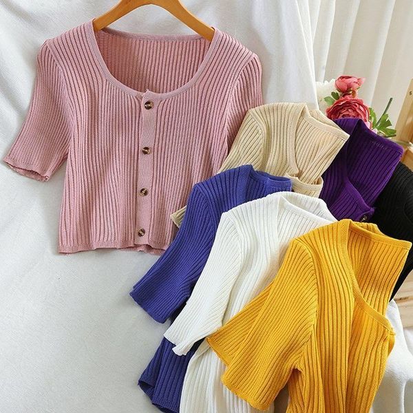 women's t-shirt t shirt women square collar short sleeve knitted crop cardigan summer fashion tees female single breasted buttons tshi, White
women's t-shirt t shirt women square collar short sleeve knitted crop cardigan summer fashion tees female single breasted buttons tshi, White