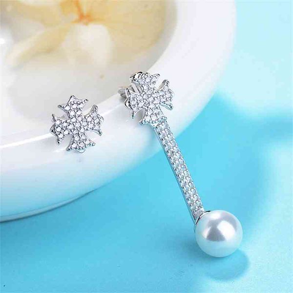new earrings cross s925 sterling silver asymmetric personality pearl zircon earrings women's jewelry, Black
new earrings cross s925 sterling silver asymmetric personality pearl zircon earrings women's jewelry, Black