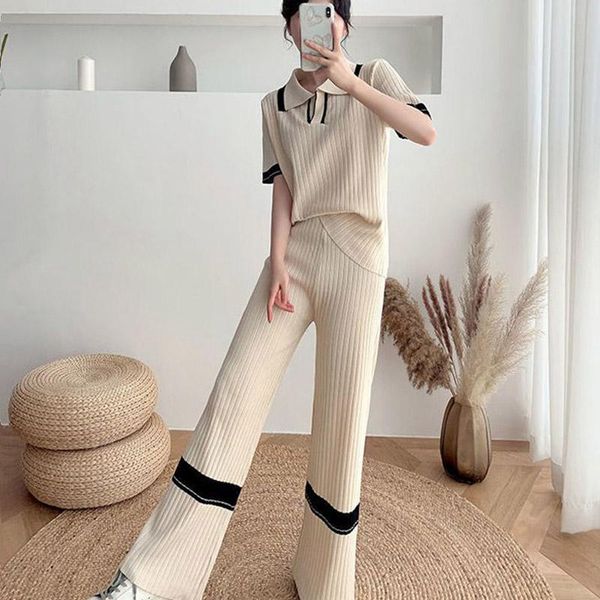 summer short sleeve women's knitting two piece suit +high waist wide leg pants loose set, White
summer short sleeve women's knitting two piece suit +high waist wide leg pants loose set, White
