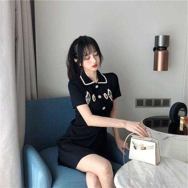 white polo collar knit dress korean fashion waist mini skirt summer women's clothing 210520, Black;gray
white polo collar knit dress korean fashion waist mini skirt summer women's clothing 210520, Black;gray