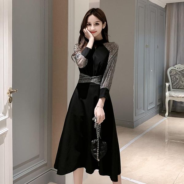 #5159 spring autumn black a-line dress women spliced mesh long sleeved vintage casual woman elegant midi ladies dresses, Black;gray
#5159 spring autumn black a-line dress women spliced mesh long sleeved vintage casual woman elegant midi ladies dresses, Black;gray