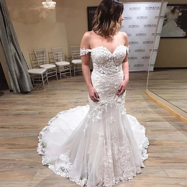 off shoulder lace mermaid wedding dresses with appliques cap sleeves sweep train tulle bridal gowns vestido de novia, White
off shoulder lace mermaid wedding dresses with appliques cap sleeves sweep train tulle bridal gowns vestido de novia, White