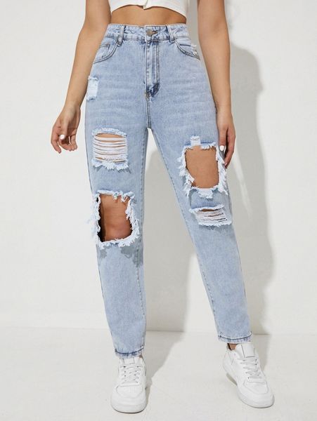 high waist ripped mom jeans u48a#, Blue
high waist ripped mom jeans u48a#, Blue
