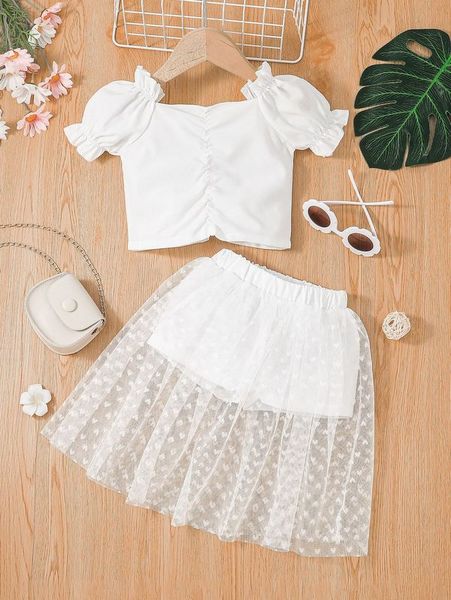 baby solid puff sleeve blouse & mesh overlay shorts she, White
baby solid puff sleeve blouse & mesh overlay shorts she, White