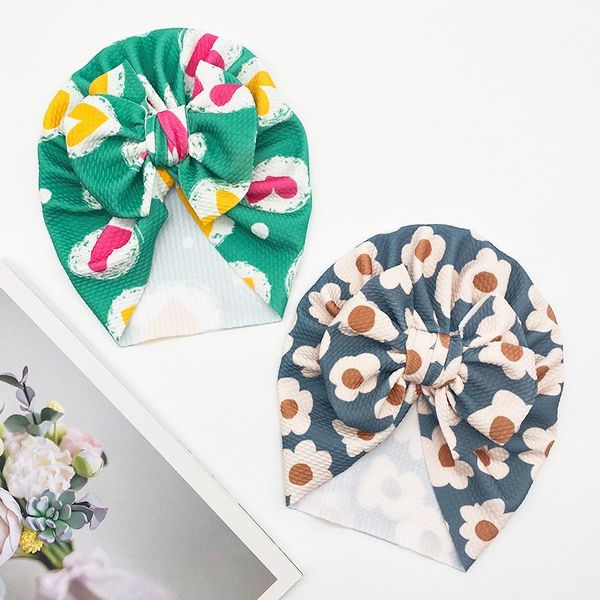 caps & hats big bows baby hat turban flower print girl beanie soft cotton infant kids cap headwear born pography props, Yellow