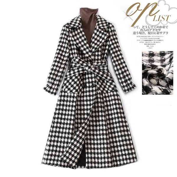 thickened qianniao wool coat 2020 autumn winter fashion temperament closed waist plaid long wool coat female 3755, Black 
thickened qianniao wool coat 2020 autumn winter fashion temperament closed waist plaid long wool coat female 3755, Black