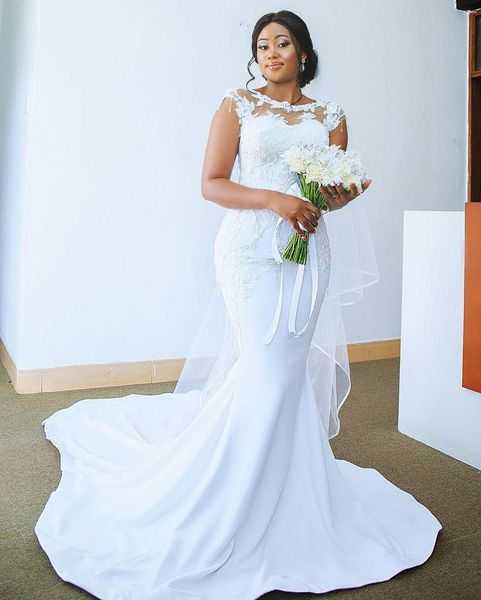 2021 simple gorgeous mermaid wedding dresses jewel neck illusion lace appliques cap sleeves chapel train plus size satin formal bridal dress, White
2021 simple gorgeous mermaid wedding dresses jewel neck illusion lace appliques cap sleeves chapel train plus size satin formal bridal dress, White
