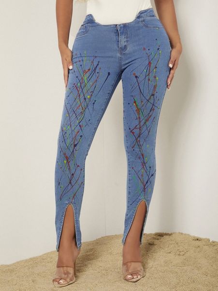sxy graphic print asymmetrical waist split hem skinny jeans y8a9#, Blue
sxy graphic print asymmetrical waist split hem skinny jeans y8a9#, Blue