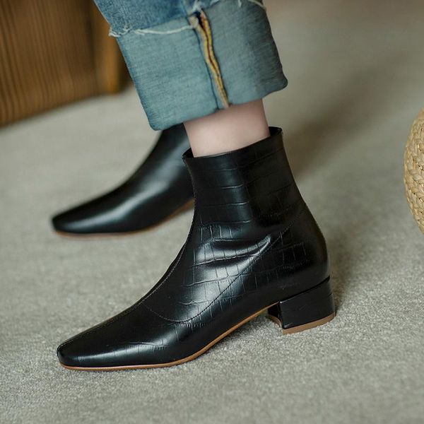 boots genuine cow leather women's square toe zipper short british style thick heel flat ankle women, Black
boots genuine cow leather women's square toe zipper short british style thick heel flat ankle women, Black