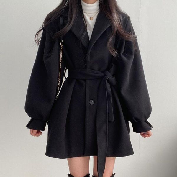 women's wool & blends vintage women woolen jacket 2021 autumn winter korea lapel lantern sleeve solid outwear with belt chic ladies coa, Black
women's wool & blends vintage women woolen jacket 2021 autumn winter korea lapel lantern sleeve solid outwear with belt chic ladies coa, Black