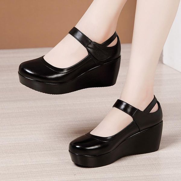 genuine leather women's shoes wedges shallow thick-soled waterproof platform round toe high heel dress, Black
genuine leather women's shoes wedges shallow thick-soled waterproof platform round toe high heel dress, Black
