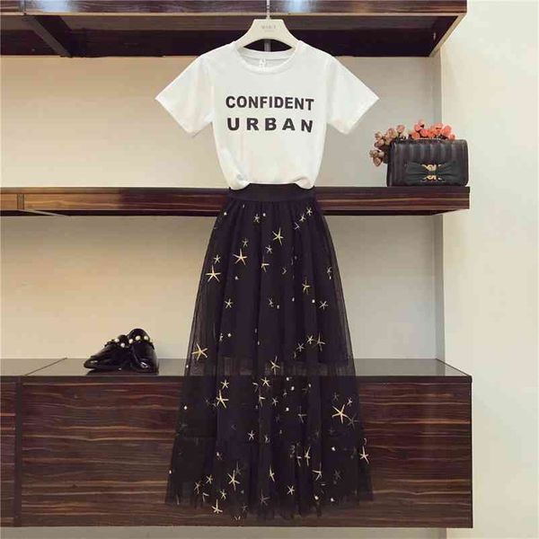 summer women fashion shirt sleeves letterct-shirt + beautiful star mesh skirt 2 pcs sets female suits 210519, White
summer women fashion shirt sleeves letterct-shirt + beautiful star mesh skirt 2 pcs sets female suits 210519, White