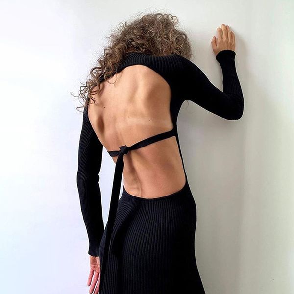 sibybo black rib knitted backless long dress women autumn winter long sleeve lace up dresses elegant female party vestidos 2021, Black;white
sibybo black rib knitted backless long dress women autumn winter long sleeve lace up dresses elegant female party vestidos 2021, Black;white