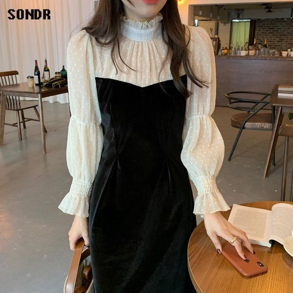 casual dresses korean fashion stitching fake two-piece 2021 autumn women's clothing elegant stand collar polka dots flared sleeves velv, Black;gray
casual dresses korean fashion stitching fake two-piece 2021 autumn women's clothing elegant stand collar polka dots flared sleeves velv, Black;gray