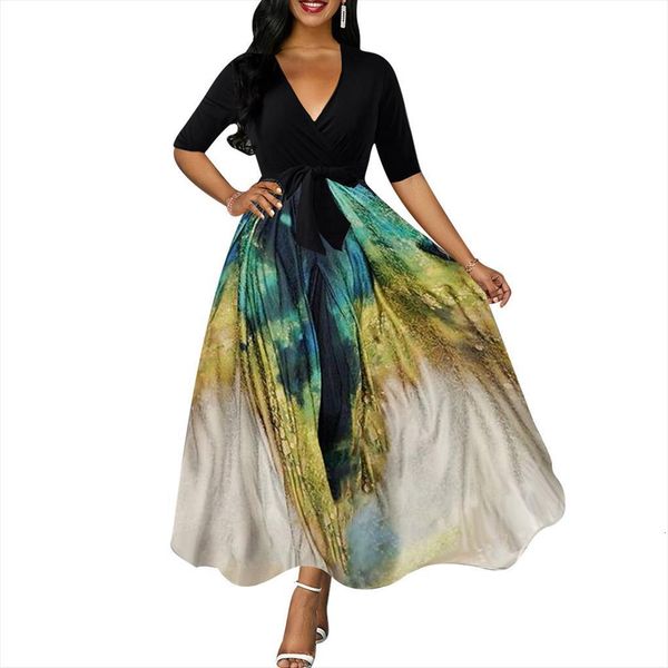 summer vintage v neck printed womens dresses retro half sleeve plus size long maxi high waits evening party, Black;gray 
summer vintage v neck printed womens dresses retro half sleeve plus size long maxi high waits evening party, Black;gray