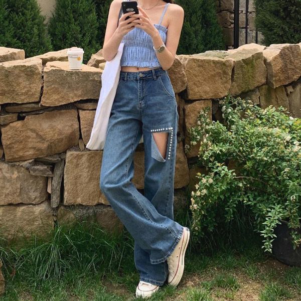 women's jeans street style casual wide-leg denim pants 2021 fashion beading ripped hole high waist straight trousers, Blue
women's jeans street style casual wide-leg denim pants 2021 fashion beading ripped hole high waist straight trousers, Blue