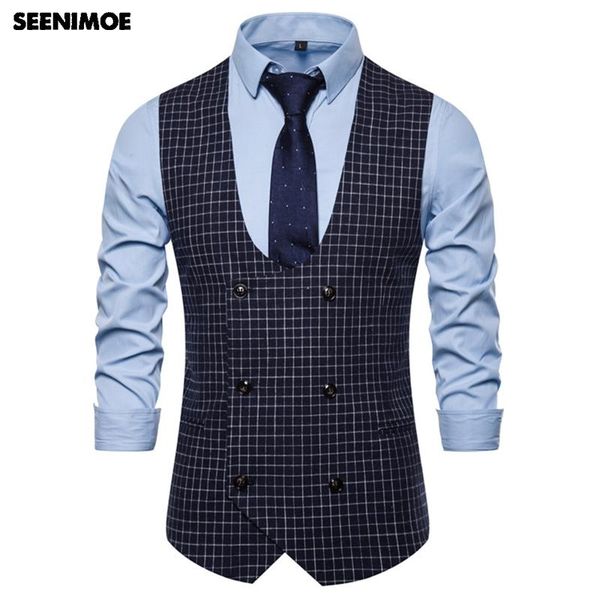 men's vests seenimoe mens casual waistcoat striped plaid formal blazer m-3xl double breasted men suit vest, Black;white 
men's vests seenimoe mens casual waistcoat striped plaid formal blazer m-3xl double breasted men suit vest, Black;white