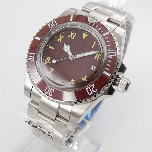 wristwatches 40mm brown sterile dial domed glass 21 jewels miyota 8215 movement back automatic men's wristwatch ceramic insert, Slivery;brown
wristwatches 40mm brown sterile dial domed glass 21 jewels miyota 8215 movement back automatic men's wristwatch ceramic insert, Slivery;brown