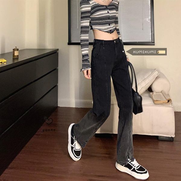 women's jeans black wash gradient versatile straight pants autumn and winter high waist thin split, Blue
women's jeans black wash gradient versatile straight pants autumn and winter high waist thin split, Blue