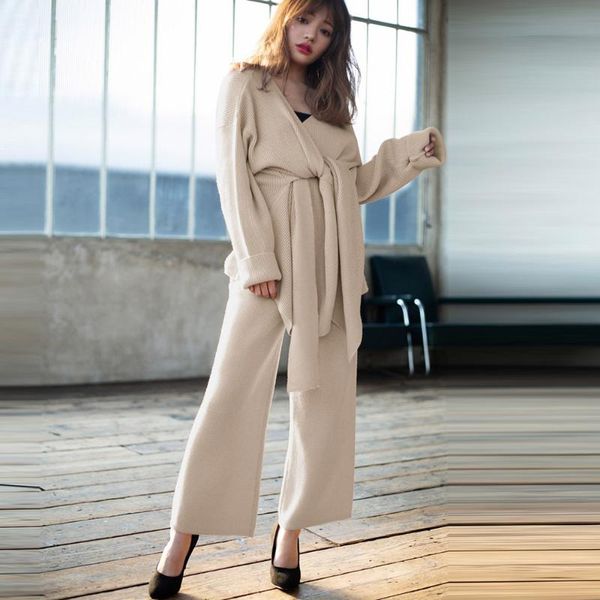 two piece dress knitted sets women 2021 autumn long sleeve sashes knit shirts and wide legs pants korean causal elegant 2 pieces suits, White
two piece dress knitted sets women 2021 autumn long sleeve sashes knit shirts and wide legs pants korean causal elegant 2 pieces suits, White
