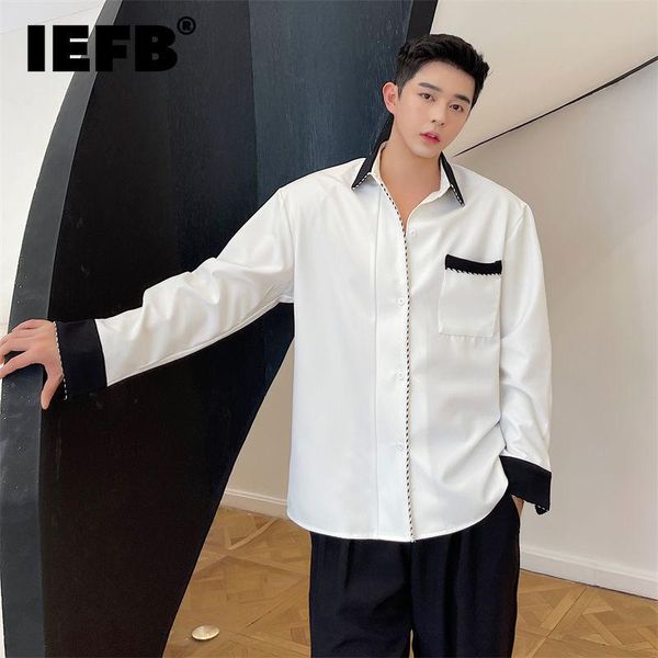 men's casual shirts iefb korean style light luxury design long sleeve shirt 2021 strip contrast color split loose lapel 9y8666, White;black 
men's casual shirts iefb korean style light luxury design long sleeve shirt 2021 strip contrast color split loose lapel 9y8666, White;black
