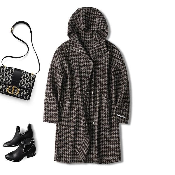 women's wool & blends shuchan 10% vicuna 90% women coats and jackets winter vintage long plaid hooded covered button wide-waisted, Black
women's wool & blends shuchan 10% vicuna 90% women coats and jackets winter vintage long plaid hooded covered button wide-waisted, Black