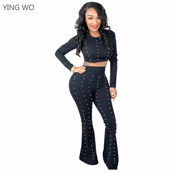 women's two piece pants pearls details black fashion pieces set streetwear style o neck long sleeve crop elastic waist flare suit onli, White
women's two piece pants pearls details black fashion pieces set streetwear style o neck long sleeve crop elastic waist flare suit onli, White