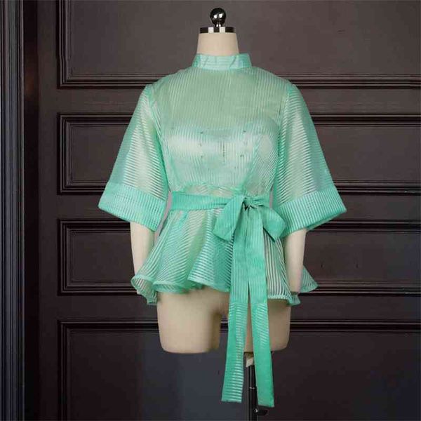 green striped blouses women ruffles thin transparent waist belt peplum shirt plus size fashion party date clubwear 210527, White
green striped blouses women ruffles thin transparent waist belt peplum shirt plus size fashion party date clubwear 210527, White