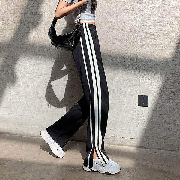 women's pants & capris thin split striped sports 2021 summer suit straight tube slim casual, Black;white
women's pants & capris thin split striped sports 2021 summer suit straight tube slim casual, Black;white