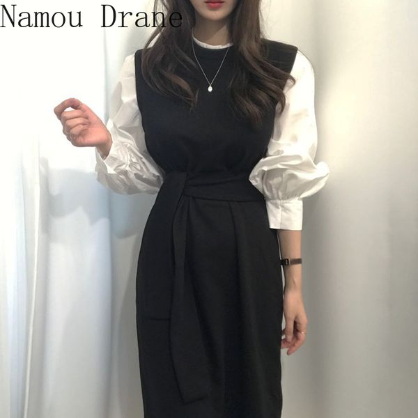 women puff sleeve long shirt dress with belt o-neck loose solid color korean style elegant ladies fake-two piece set 210429, Black;gray
women puff sleeve long shirt dress with belt o-neck loose solid color korean style elegant ladies fake-two piece set 210429, Black;gray