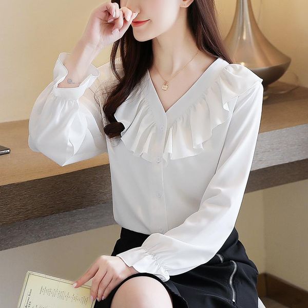 women's knits & tees autumn style korean ruffled v-neck chiffon shirt blouse small temperament, White
women's knits & tees autumn style korean ruffled v-neck chiffon shirt blouse small temperament, White