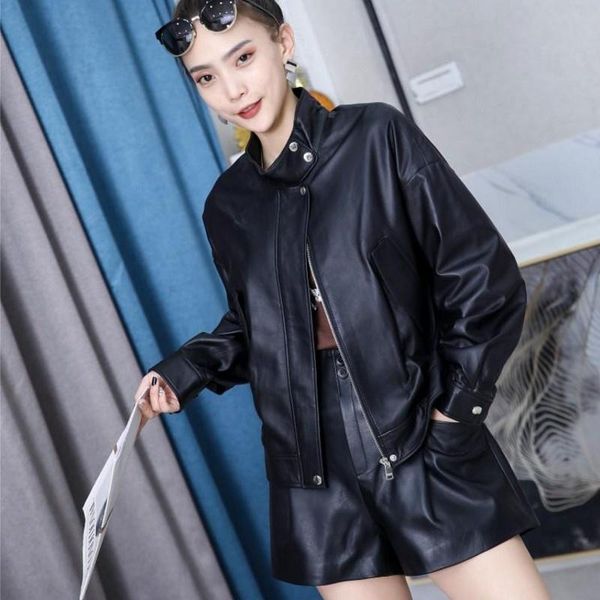 women's leather & faux quality high womens korean style genuine jackets office lady short o-neck zippers pockets sheepskin fashion coat, Black
women's leather & faux quality high womens korean style genuine jackets office lady short o-neck zippers pockets sheepskin fashion coat, Black