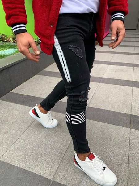 men's skinny jeans side stripes ripped frayed slim fit denim hip hop black streetwear rolled edge casual harajuku style, Blue
men's skinny jeans side stripes ripped frayed slim fit denim hip hop black streetwear rolled edge casual harajuku style, Blue