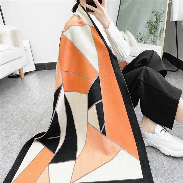 tippet muffler scarf imitation cashmere scarf for women in winter thickened warm geometric jacquard color matching bib tourist shawl, Blue;gray 
tippet muffler scarf imitation cashmere scarf for women in winter thickened warm geometric jacquard color matching bib tourist shawl, Blue;gray