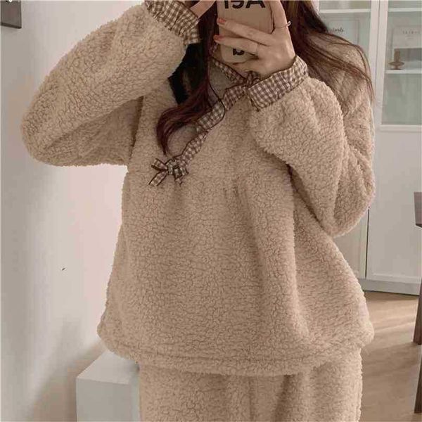 two pieces suit lambswool warm nightwear sweet soft homewear casual loose fashion long sleeves pajamas set 210525, Black;red
two pieces suit lambswool warm nightwear sweet soft homewear casual loose fashion long sleeves pajamas set 210525, Black;red