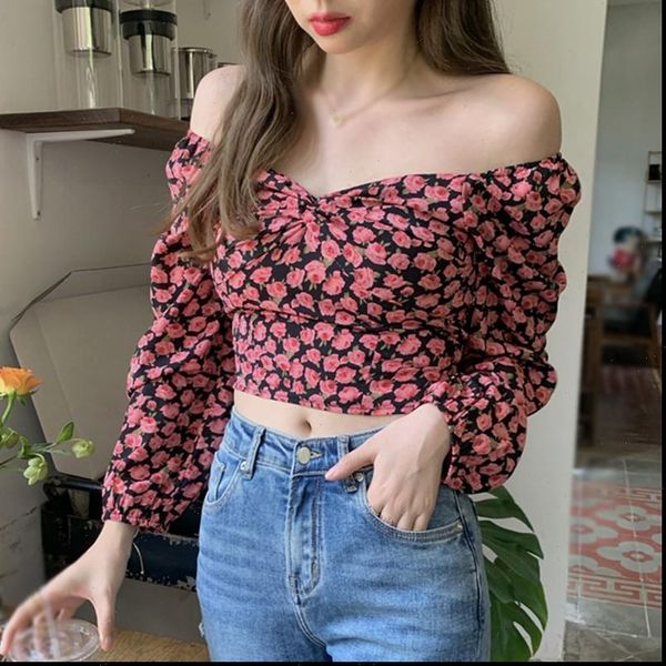 chiffon sweet wild floral print women shirts off shoulder slash neck long sleeves, White
chiffon sweet wild floral print women shirts off shoulder slash neck long sleeves, White