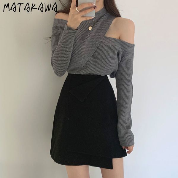 matakawa long sleeve slim sweaters for women korea chic elegant irregular pullovers cross strapless knitted sweater 210513, White;black
matakawa long sleeve slim sweaters for women korea chic elegant irregular pullovers cross strapless knitted sweater 210513, White;black