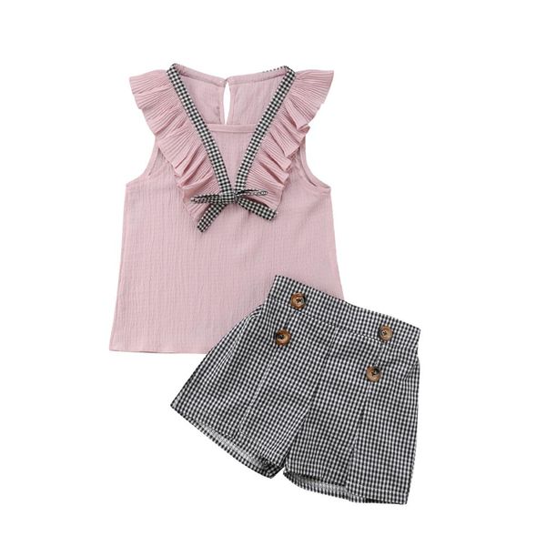 2-7y summer fashion toddler baby girls sets sleeveless ruffles pink vest plaid button shorts clothes 2pcs, White
2-7y summer fashion toddler baby girls sets sleeveless ruffles pink vest plaid button shorts clothes 2pcs, White
