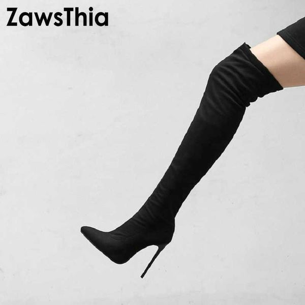 

zawsthia winter autumn 12cm super thin high heels boots for women over-the-knee long botas stretch thigh high boots 210611, Black