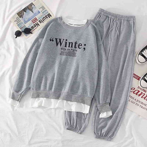 two-piece set autumnspring women thick cotton suit 2 pieces sets pullover with pants suits high waist joggers 210531, White