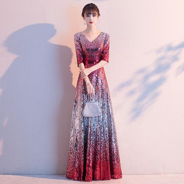 female gradient sequins trim banquet gown exquisite floor-length formal party dress v-neck backless elegant prom dresses ethnic clothin, Red
female gradient sequins trim banquet gown exquisite floor-length formal party dress v-neck backless elegant prom dresses ethnic clothin, Red