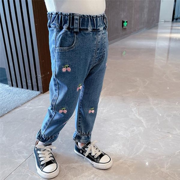 girls jeans cherry girl embroidery kids casual style toddler clothes, Blue
