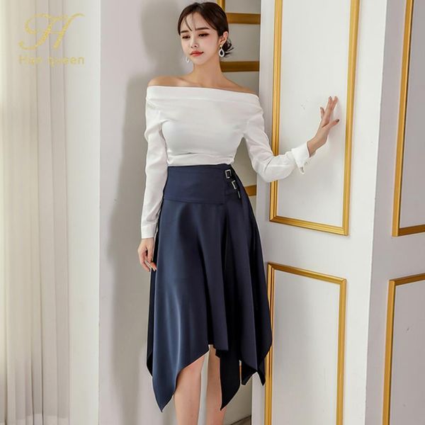 two piece dress h han queen korean women's 2 pieces set slash neck blouses & irregular mid a-line skirt casual office suit, White
two piece dress h han queen korean women's 2 pieces set slash neck blouses & irregular mid a-line skirt casual office suit, White
