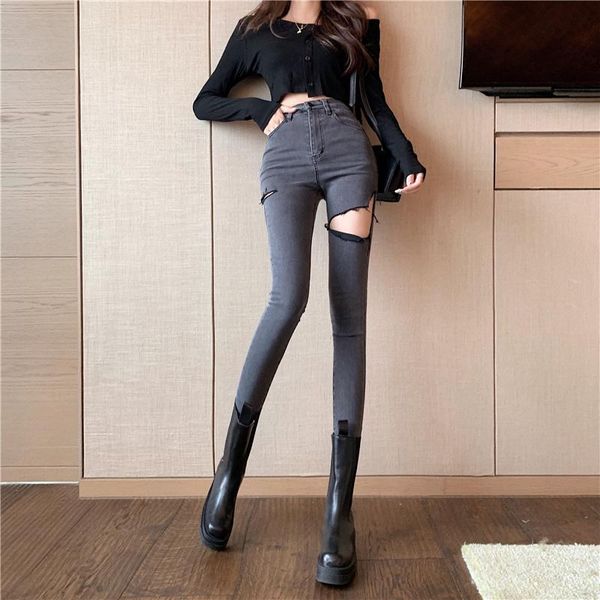 #7842 jeans women autumn high waist skinny show thin hole pockets pencil pants fit black grey femme women's, Blue
#7842 jeans women autumn high waist skinny show thin hole pockets pencil pants fit black grey femme women's, Blue