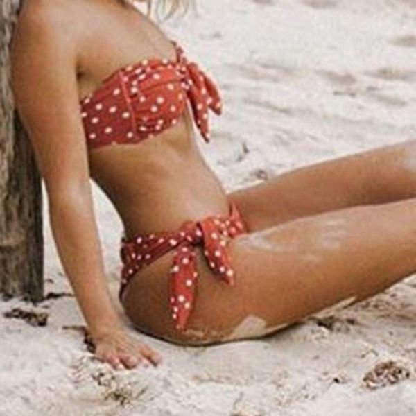 one-piece suits 2pcs women bikini set polyester dot print bowtie strapless bra briefs beach swimwear wear summer