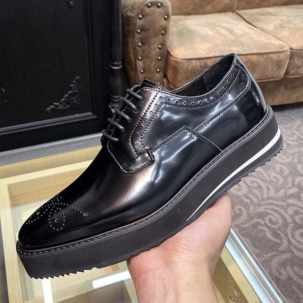 shoes casual leather wet patent men in england increased business platform dress, Black